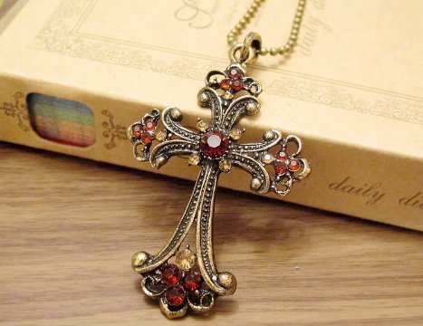 精選韓版歐美款項鍊－復古紅水鑽十字架項鍊